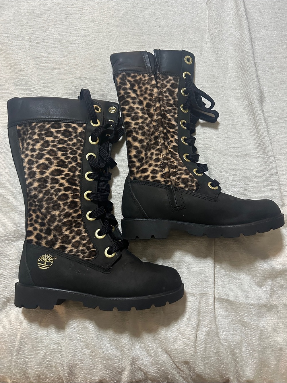 Timberland Black Leather Lace-Up Boots with Leopard Panels